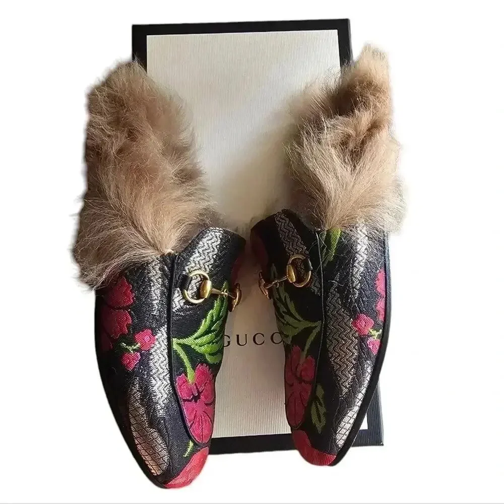 GUCCI Black Floral Brocade Jacquard FUR Princetown Slippers‎ Loafers Size 5.5 - Picture 6 of 13